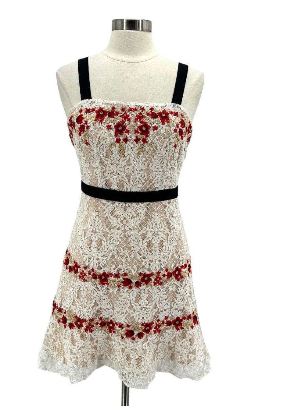 Foxiedox Womens Medium Dress Paloma Embroidered Floral Sleeveless Lined White